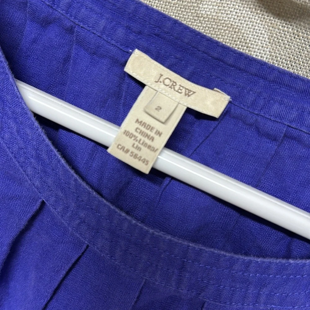 J. Crew Blue linen Pleated Blouse size small long sleeve scoop neck sz 2